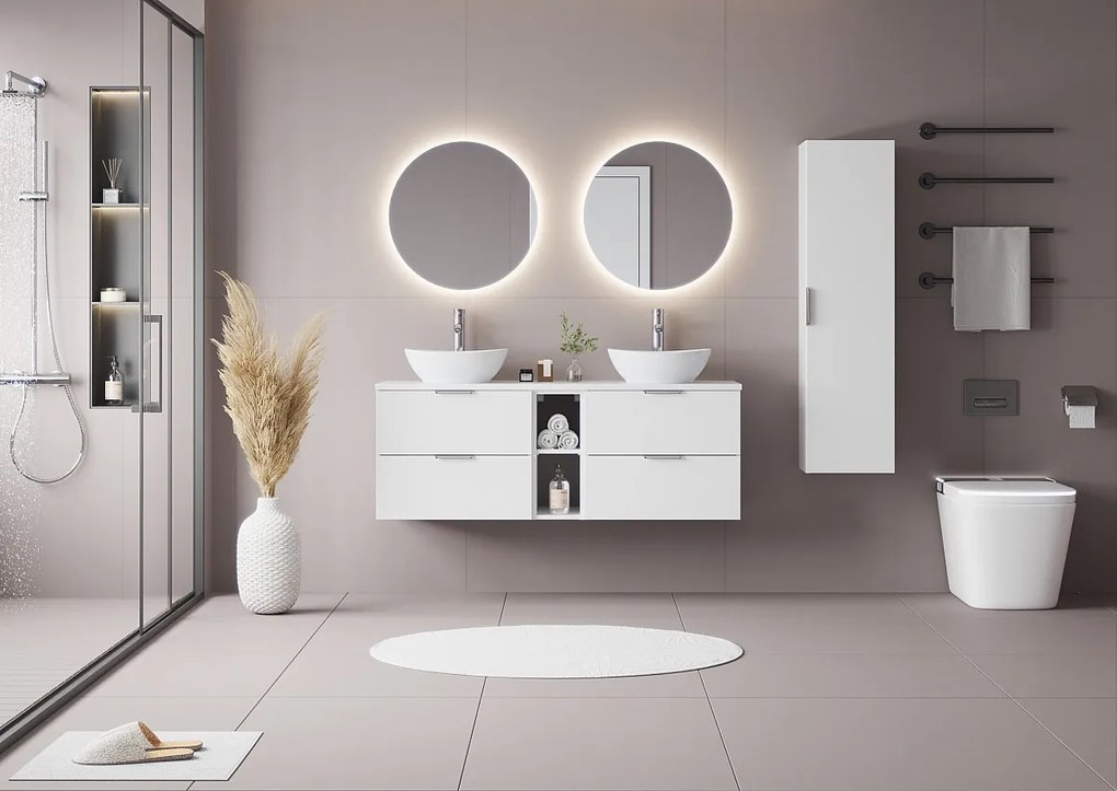 Biały Zestaw do Łazienki 140cm Szafka Regał Blat Pile