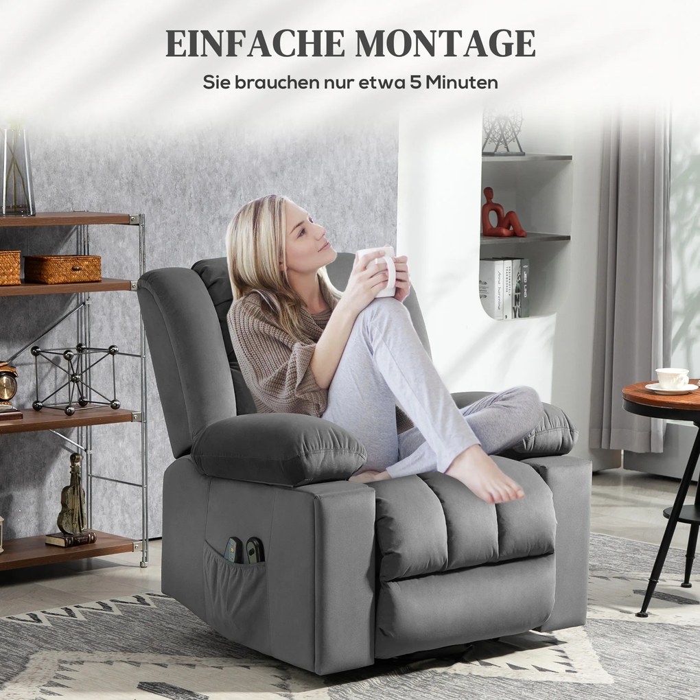 HOMCOM Elektryczny fotel z pomocą przy wstawaniu, miękki aksamitny materiał, porty USB