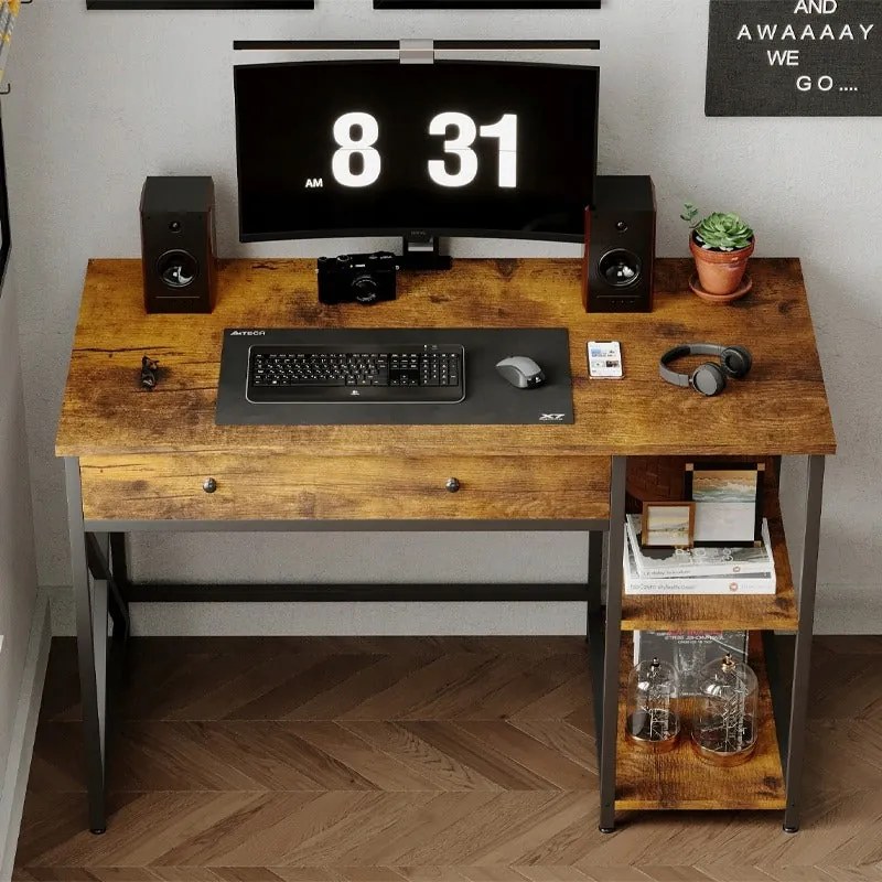 Biurko komputerowe loft / industrial – rustykalny brąz z szufladą I półkami