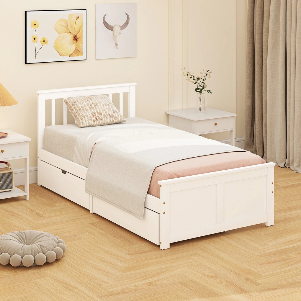 HOMCOM Rama łóżka jednoosobowego, drewniana rama, szuflady na kółkach, bez potrzeby stelaża, 90 x 200 cm, biały