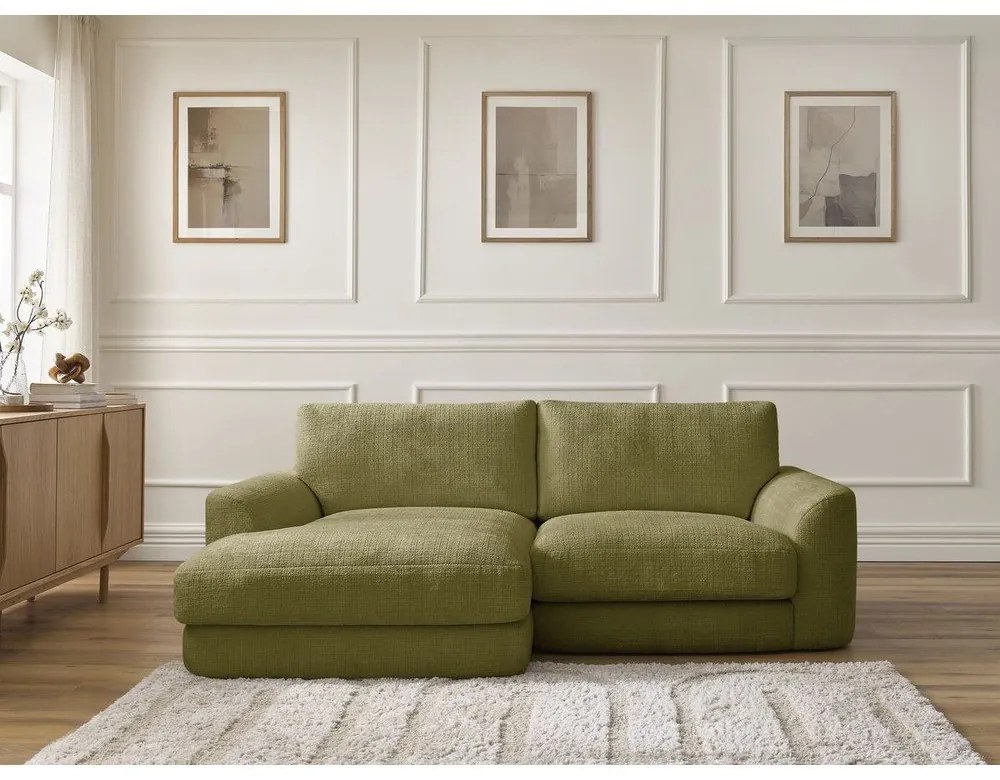 Narożnik z tkaniny szenilowej (lewostronny/z szezlongiem) w kolorze khaki Leonore – Bobochic Paris