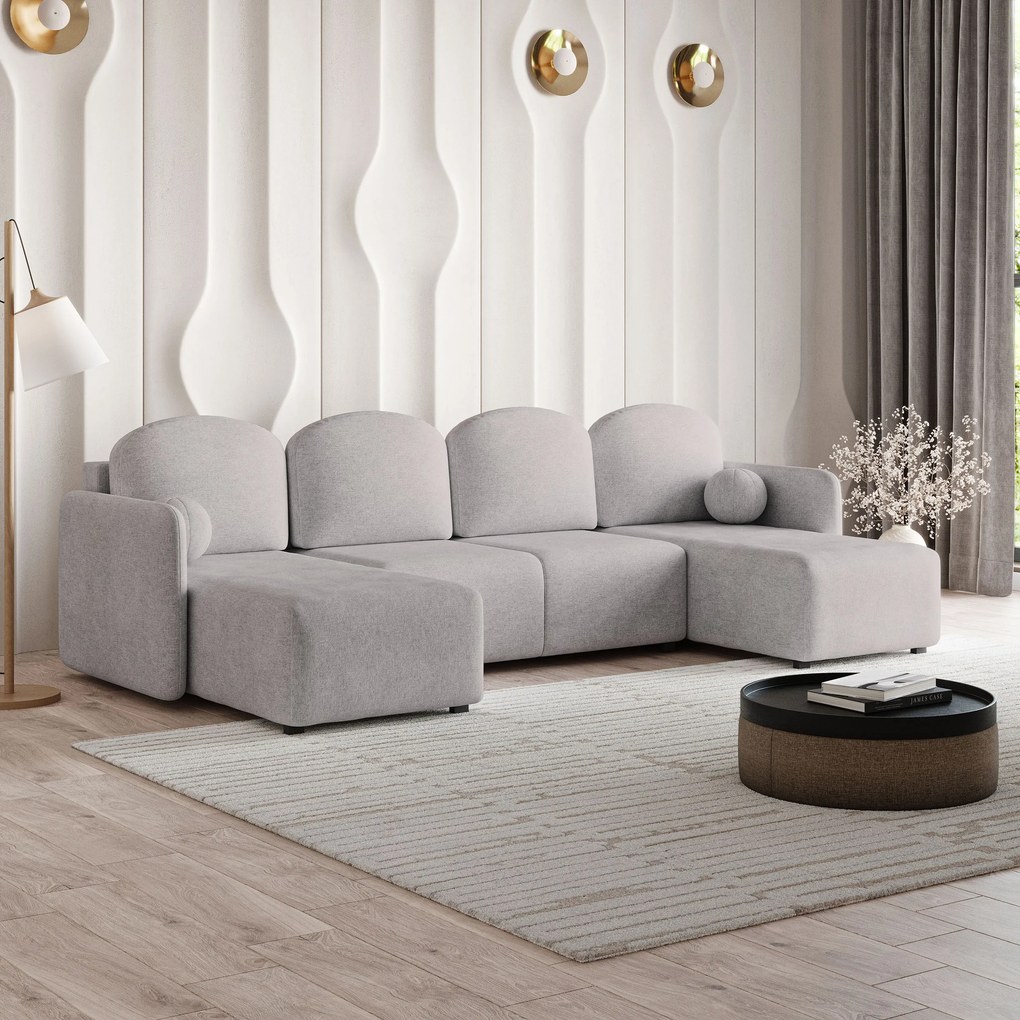 Masseno Narożnik NUBERO z funkcją spania i pojemnikiem na pościel Narozniki U, Rozkładana sofa - Jasnoszary, NEVE 83