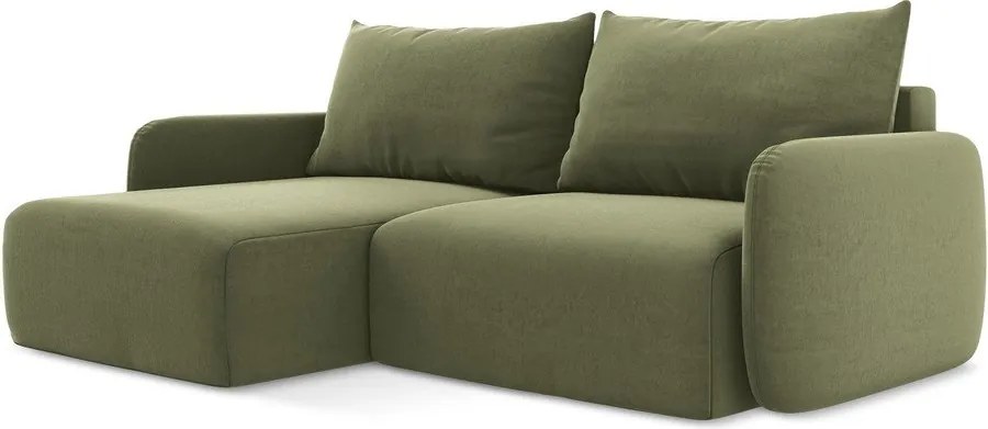 Zielony aksamitny rozkładany/ze schowkiem narożnik (lewostronny/z szezlongiem) Kalena – Makamii