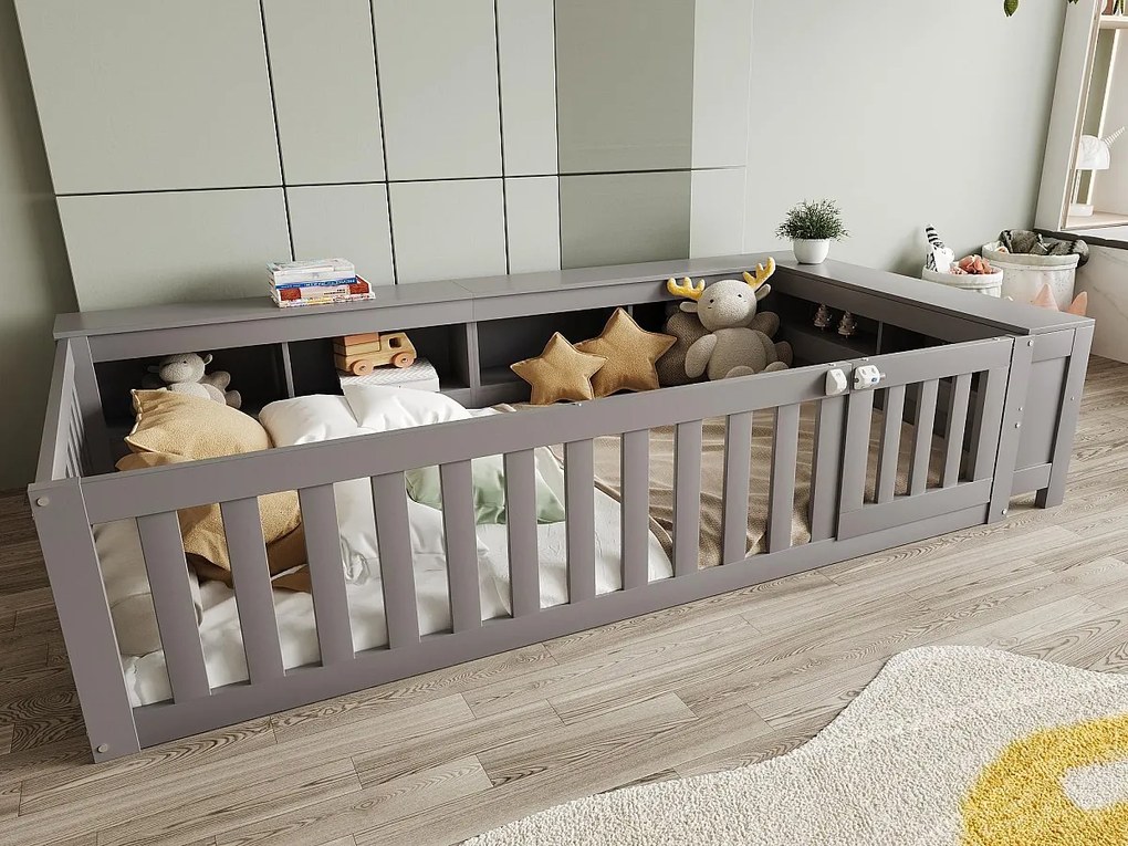 Łóżeczko dziecięce 90x200 cm - z miejscem do przechowywania - z drzwiczkami - ze stelażem listwowym - szare (bez materaca)