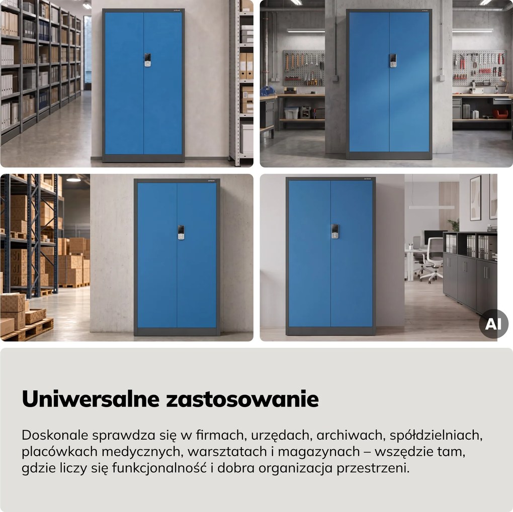 Szafa biurowa metalowa z zamkiem na szyfr antracytowo-niebieska, 900x1850x400 mm: DANIEL