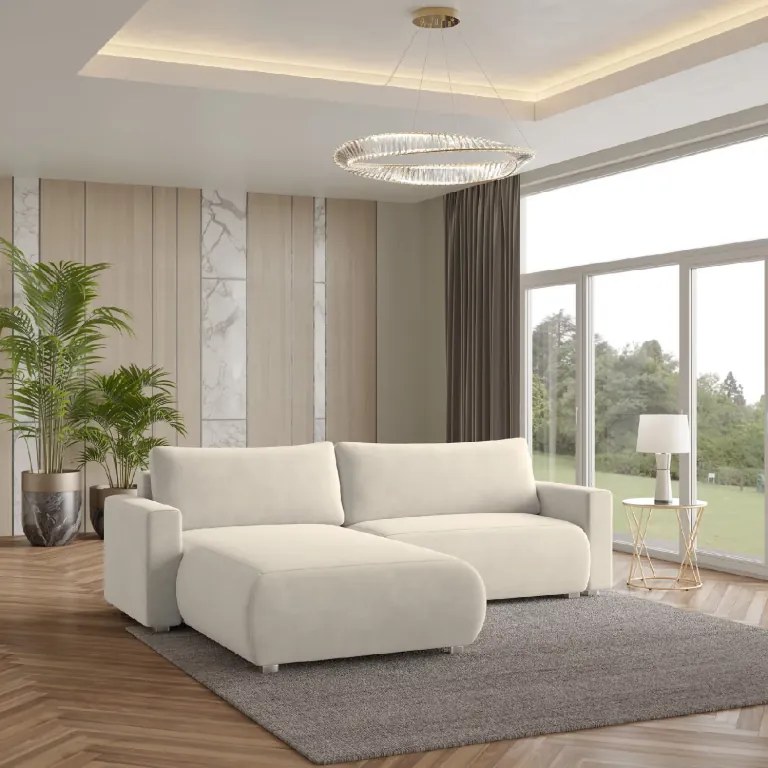 PROMOCJA Kremowa rozkładana sofa narożna MONORA, dwustronna II gatunku