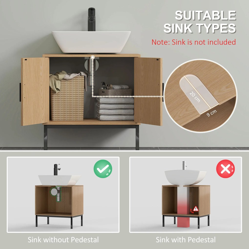 kleankin Szafka łazienkowa w stylu Boho, z rattanowymi elementami, z wycięciem pod umywalkę, Dąb