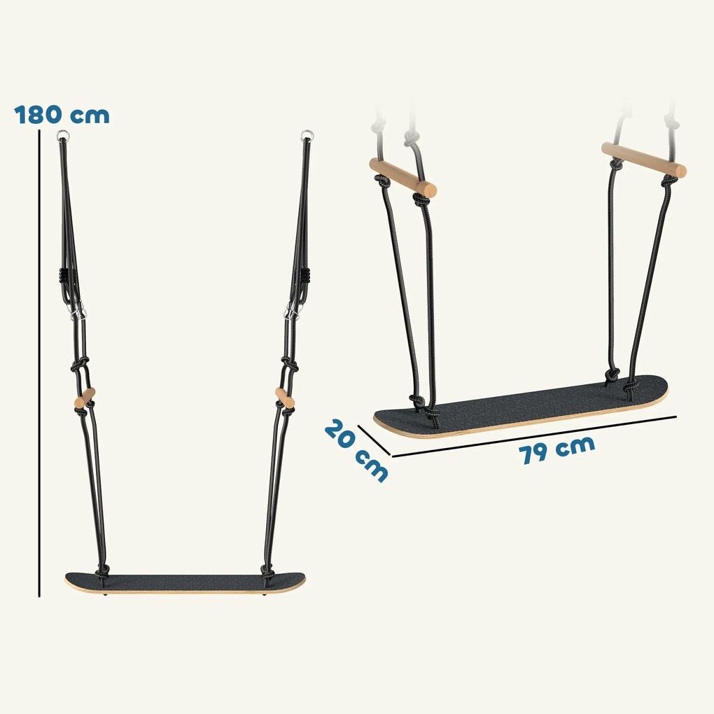 AIYAPLAY Huśtawka deskorolkowa z regulacją wysokości, antypoślizgową deską, wodoodporną liną, uchwytami, Czarna | Aosom PL