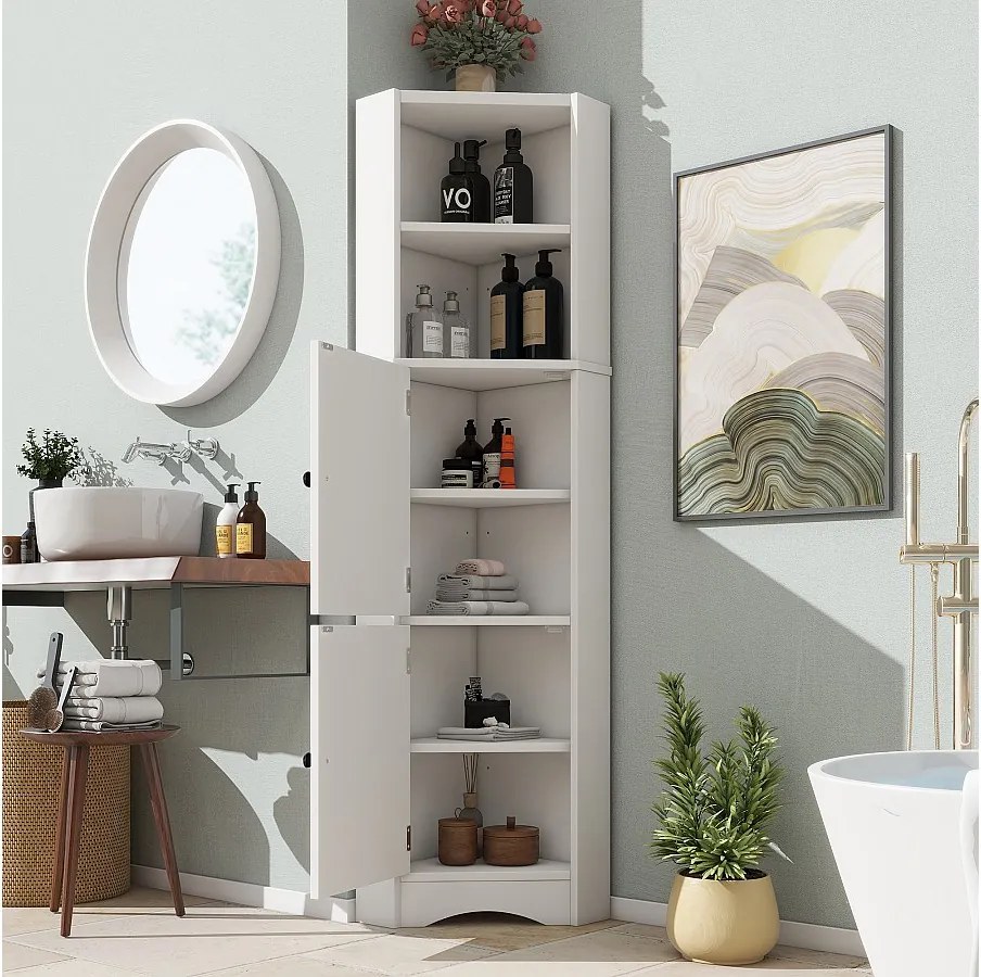 Trójkątna szafka łazienkowa - 51,7 x 32 x 155,4 cm - z 2 otwartymi przestrzeniami do przechowywania + 2 drzwi szafki - MDF - biała