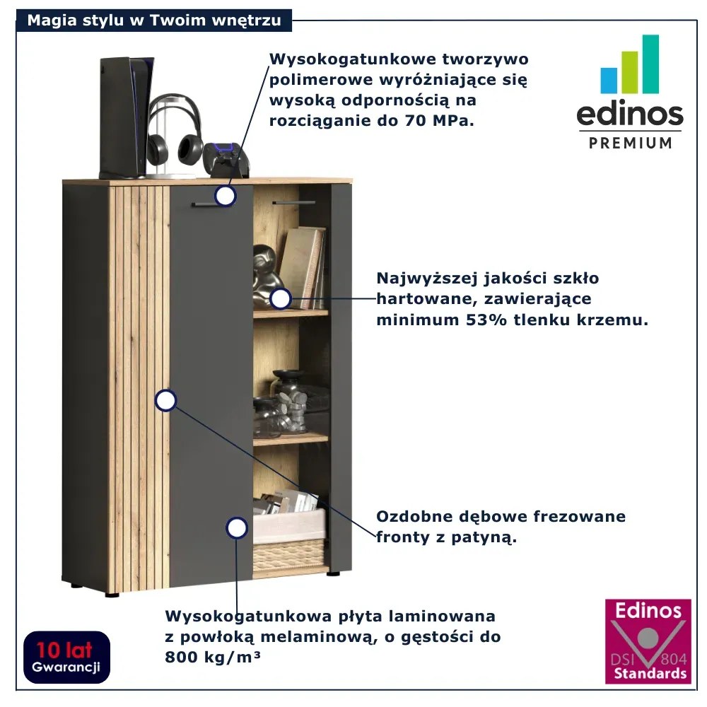 Niska witryna nowoczesna do salonu z lamelami grafit + dąb evok A2-D81