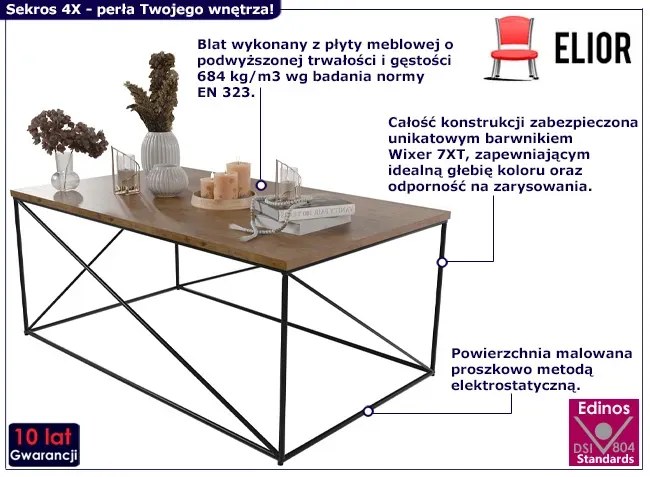 Prostokątny stolik kawowy w stylu loft czarny + dąb lancelot Lenora 5X