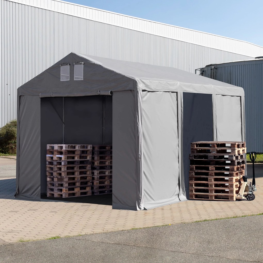 TOOLPORT 4x6m Namiot magazynowy - 3,0 m wysokość ścian bocznych z bramą na zamek błyskawiczny, PVC 850, szary, ze statyką (podłoże gruntowe) - (93774)