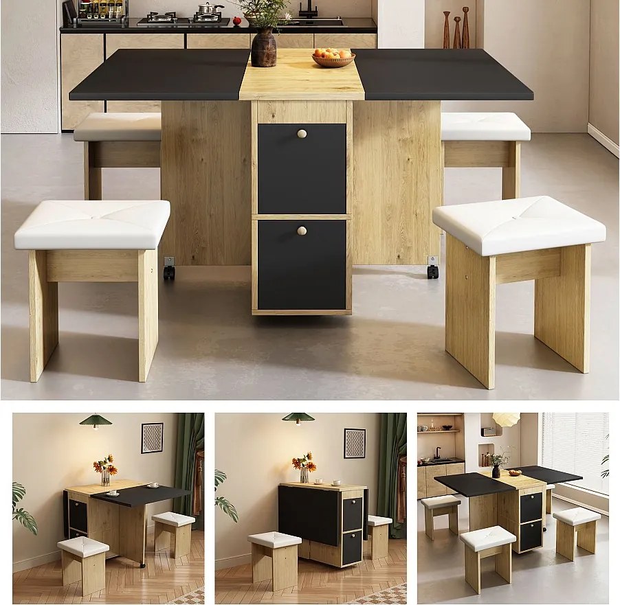 Zestaw stół i krzesła rozkładane - 120 x 80 x 75 cm - ze składanym stołem + 4 krzesłami + 2 schowkami - płyta wiórowa + PU - czarny