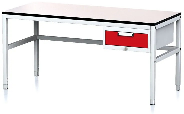Stół warsztatowy MECHANIC II, 1600 x 700 x 745-985 mm, 1 kontener szufladowy, szary/czerwony