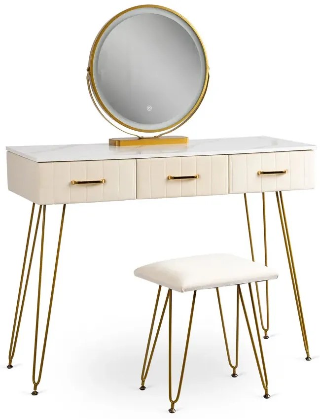 Kremowa tapicerowana toaletka glamour z 3 szufladami - Merina