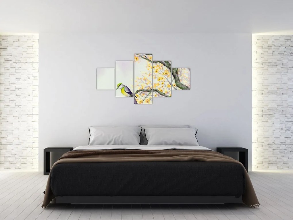 Obraz - Akwarelowy ptaszek na drzewie (125x70 cm)