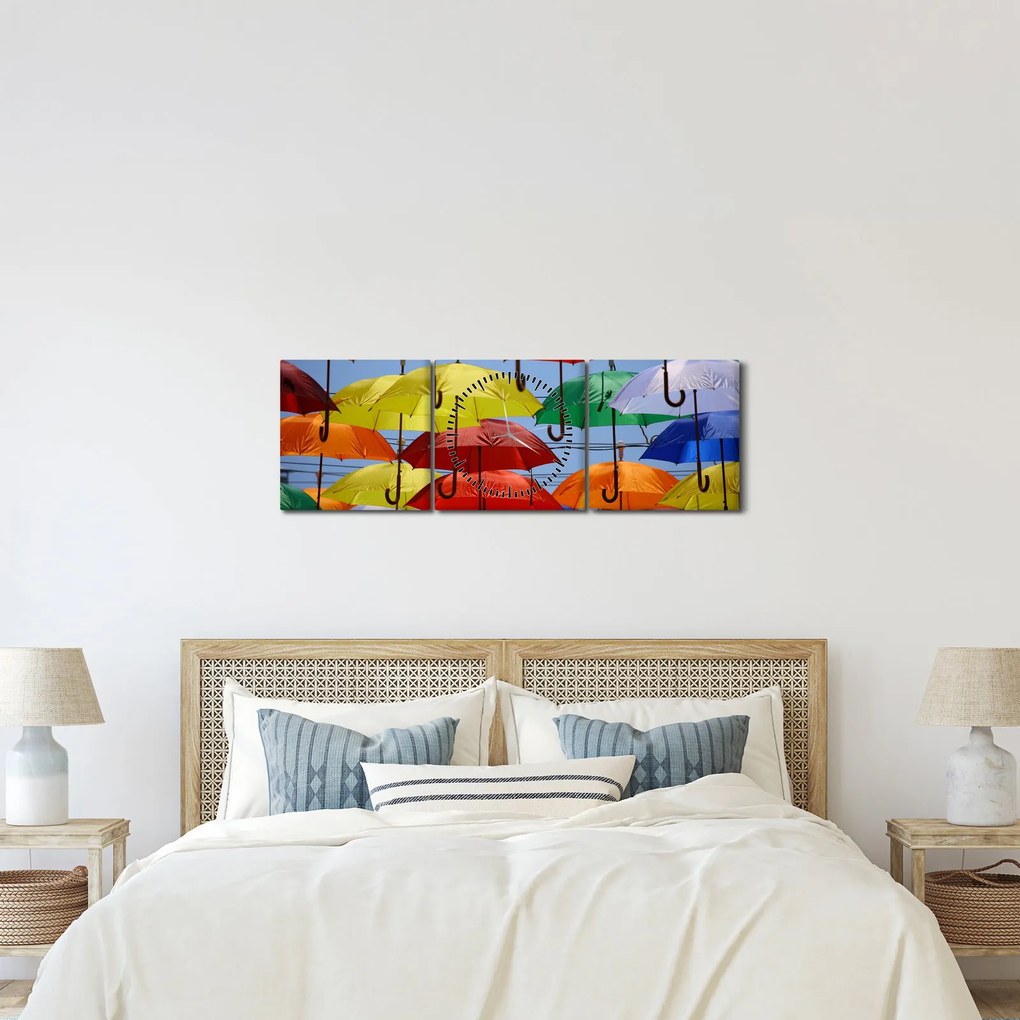 Obraz kolorowych parasoli (z zegarem) (90x30 cm)