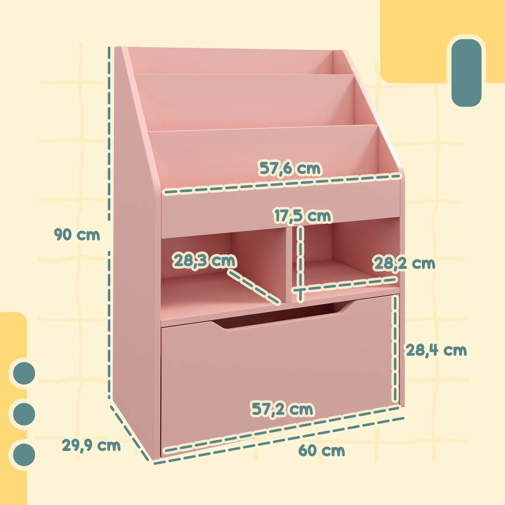 HOMCOM regał dziecięcy z szufladą półka na książki dla dzieci regał do pokoju dziecięcego różowy 60x30x90 cm | Aosom PL