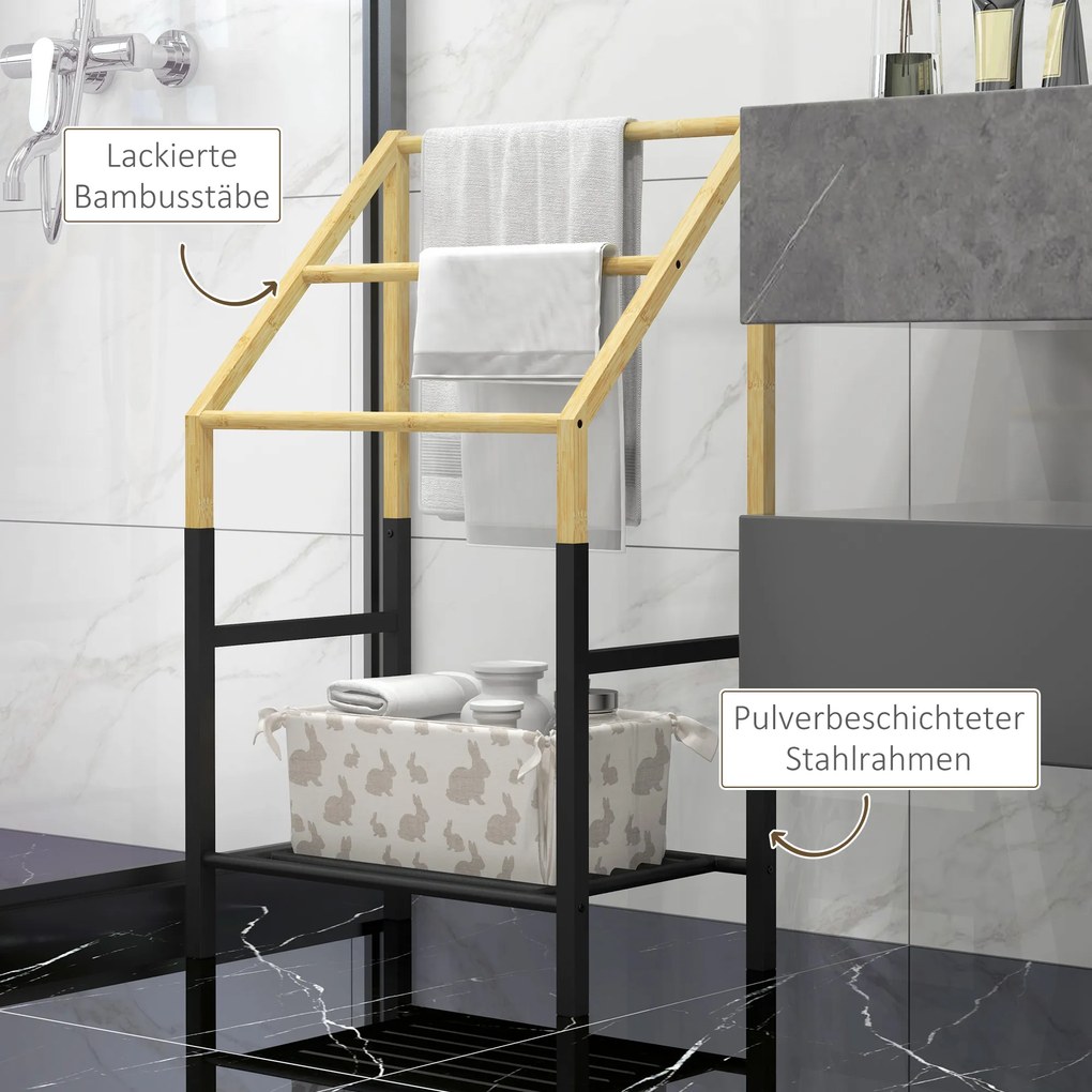 HOMCOM Uchwyt na Ręczniki, Wolnostojący, 3 Pręty, 51x31x85,5cm, Czarny/Drewno naturalne