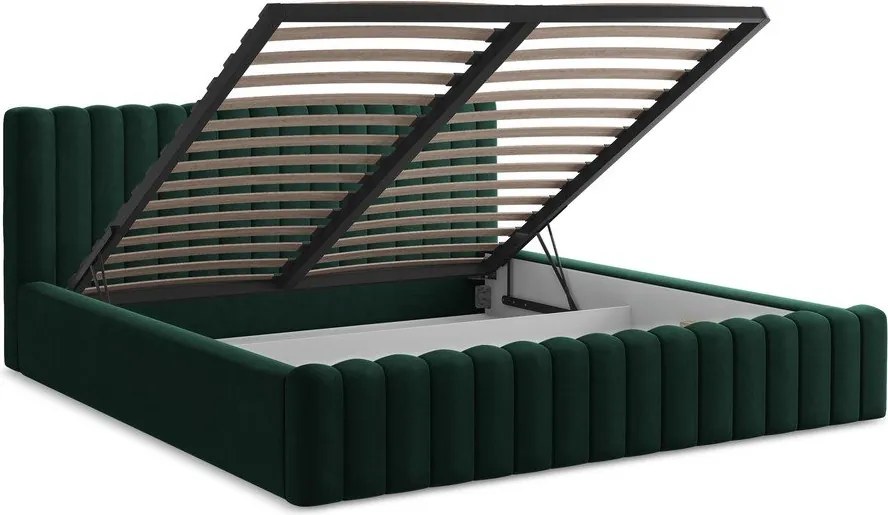 Ciemnozielone tapicerowane łóżko dwuosobowe ze schowkiem i stelażem 180x200 cm Lemi – Makamii