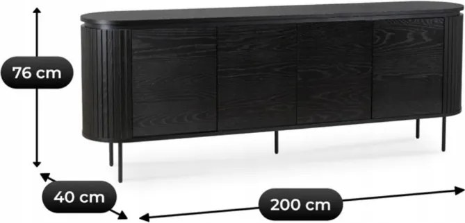 Komoda do Salonu BECK 200 cm Czarna Czterodrzwiowa Ryflowana Nowoczesna