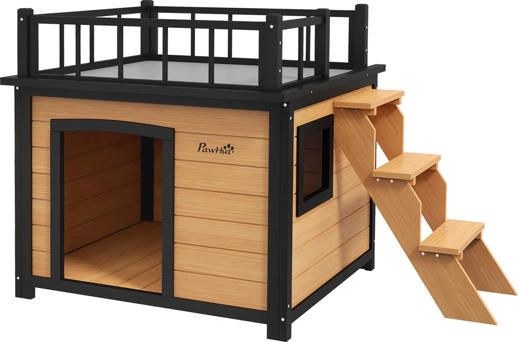 PawHut Drewniany domek dla psa z tarasem odporny na warunki atmosferyczne 121x77x78 cm czarno-żółty | Aosom PL