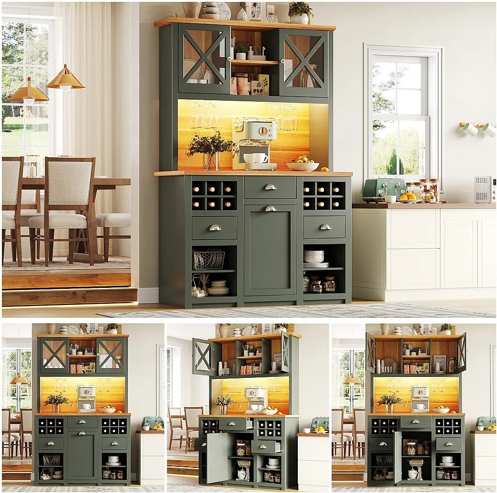 Wysoka komoda kuchenna - 120 x 45 x 188 cm - z drzwiami szklanymi + oświetlenie LED + regał na wino + szuflady - płyta MDF + szkło - kolor zielony