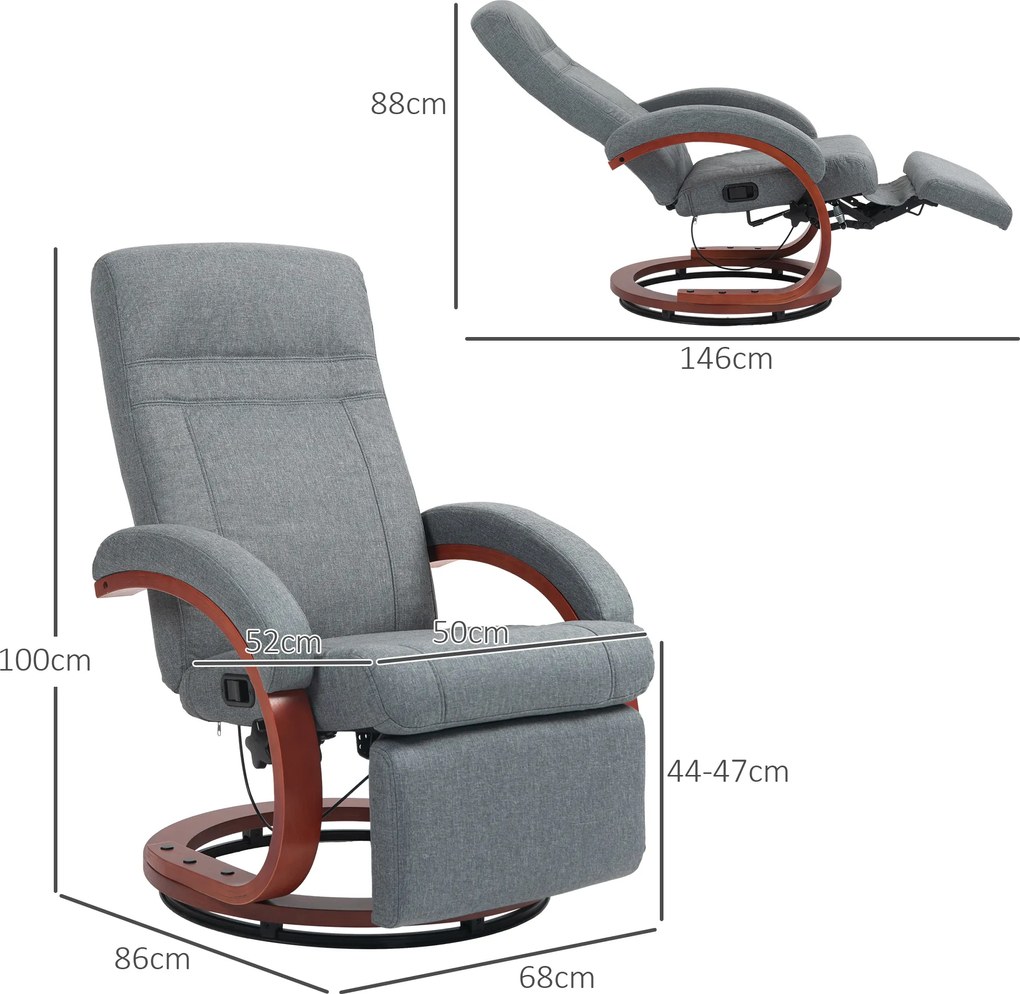 HOMCOM Fotel Relaksacyjny z Składanym Podnóżkiem, Obracany, Regulowane Oparcie, Wygląd Lnu, do 140 kg, Szary