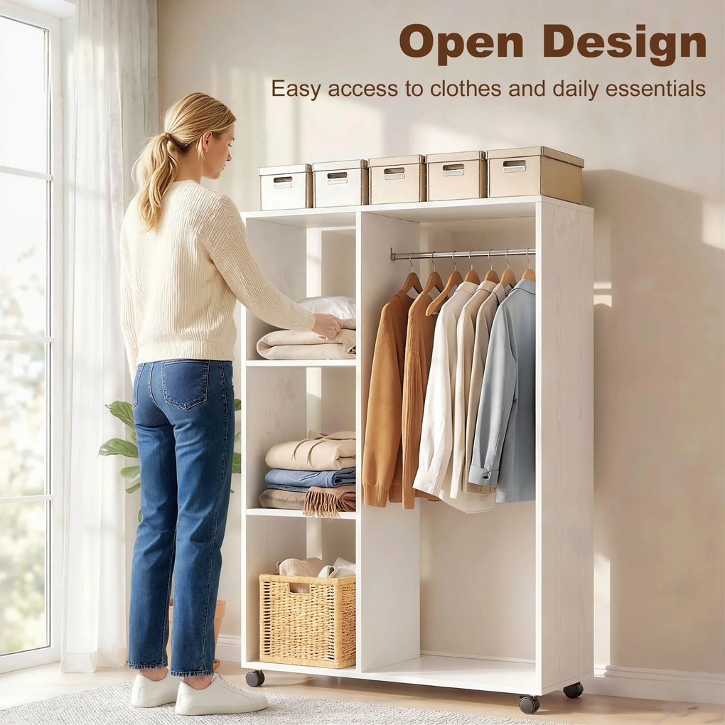 HOMCOM Szafa na Kółkach, Mobilna Garderoba, Szafa Garderobiana, Ruchoma Szafa na Ubrania, 80 x 40 x 128 cm, Biały