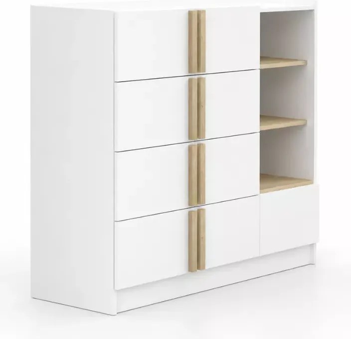 Komoda Chelly 135 cm biała – 5 szuflad, 3 półki, drewniane uchwyty, nowoczesna komoda do salonu i sypialni