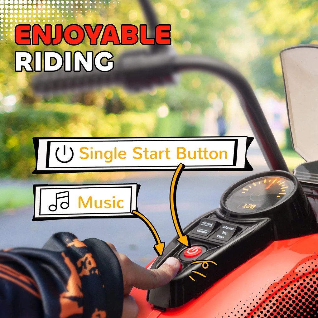 AIYAPLAY Motocykl elektryczny dla dzieci, 3 koła, na baterię 6V, ze światłami i muzyką, dla dzieci w wieku 3-6 lat, Czerwony