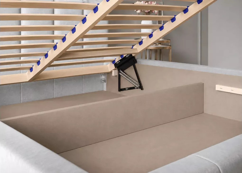 Łóżko tapicerowane Perugia z pojemnikiem na pościel i stelażem 90–200x200 cm