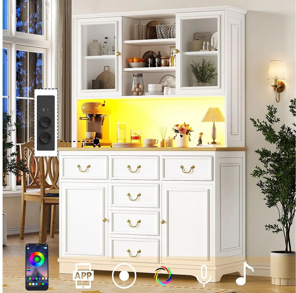 Szafka kuchenna 118x180cm z LED, wbudowane gniazdka, uchwyt na przekąski i miejsce na kosz na śmieci - biały