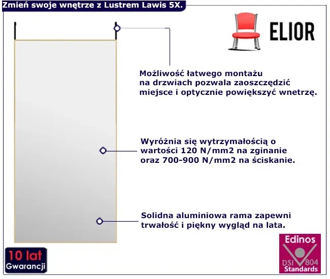 Prostokątne złote lustro wiszące na drzwi Cortez 8X