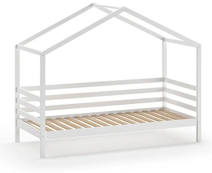 Białe łóżko dziecięce z litego drewna sosnowego w kształcie domku ze stelażem 90x200 cm Dallas – Vipack