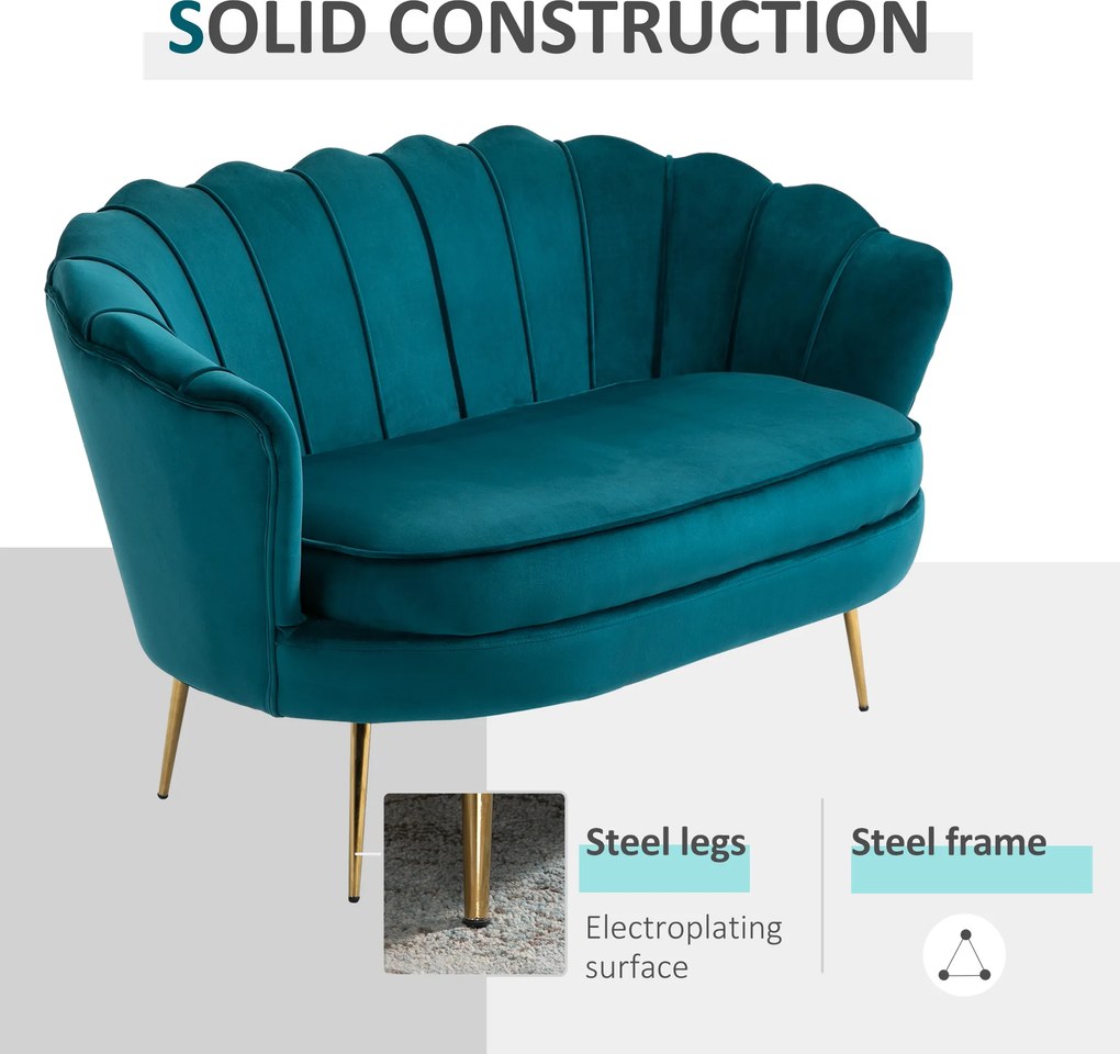 HOMCOM Sofa Dla 2 Osób, Kanapa, Sofa Tapicerowana, Wygląd Aksamitu, Sofa Podwójna, do 150 kg, 130 x 77 x 77 cm, Ciemnozielona