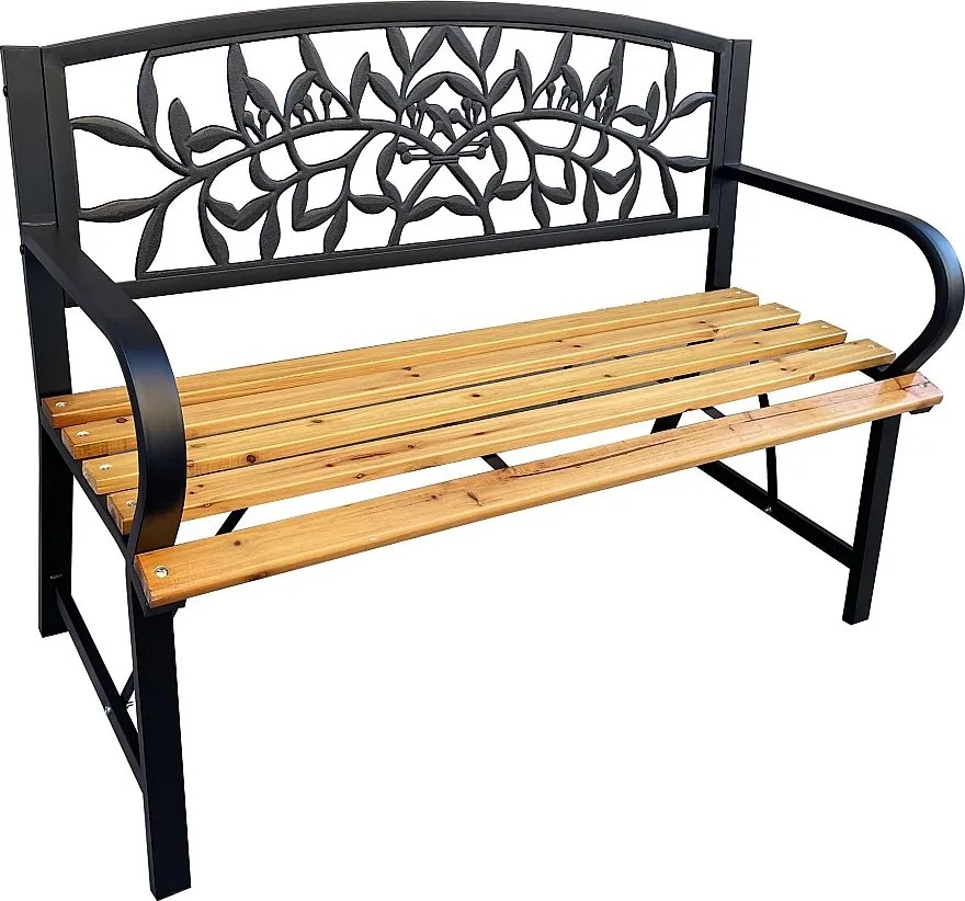 Czarna ławka ogrodowa REO z lakierowanym drewnem i stalowymi nogami szerokość 118 cm