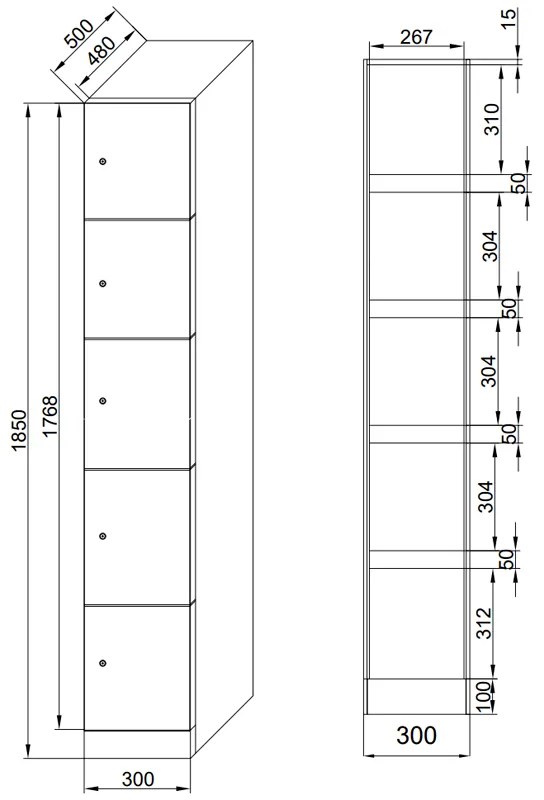 Szafka skrytkowa, 5 schowków, 1850 x 300 x 500 mm, demontaż, zamek RFID, drzwi czerwone