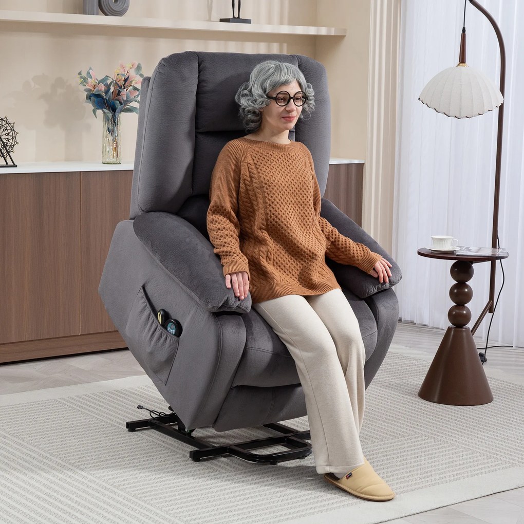 HOMCOM Elektryczny Fotel do Telewizora z Pomocą Wstawania, Funkcją Ciepła i Masażu, Pilotem i Kieszenią Boczną, Ciemnoszary