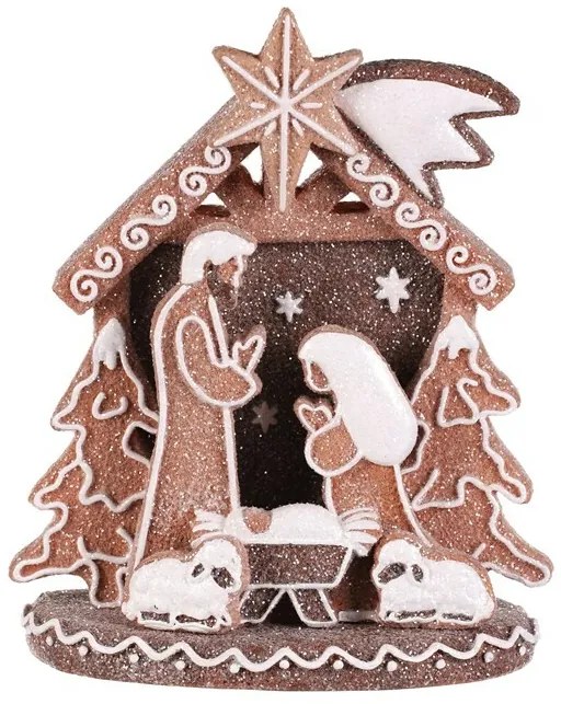 Dekoracja świąteczna Szopka piernikowa, poliresin, LED, brązowy
