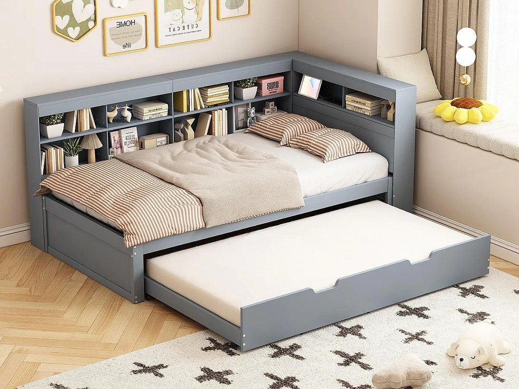 Łóżko kanapowe 90x200cm z drewna - z łóżkiem wysuwanym 90x190cm i gniazdem USB - 10 przegród - Szary