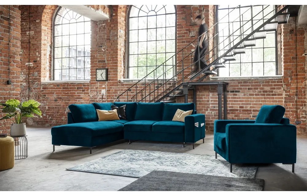 Turkusowy aksamitny rozkładany narożnik (lewostronny) Lofty Lilly – Miuform