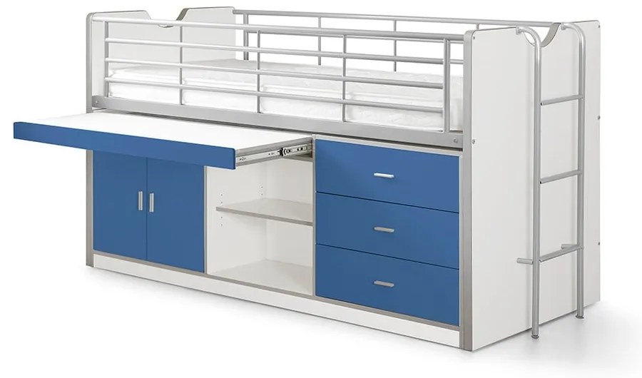 Biało-niebieskie podwyższone łóżko dziecięce ze schowkiem i stelażem 90x200 cm Bonny – Vipack