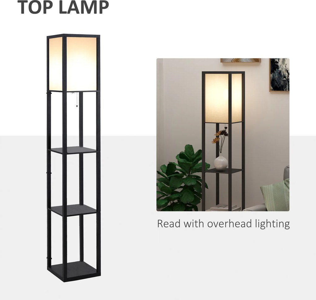 HOMCOM Lampa Stojąca z Półkami Oświetlenie Wewnętrzne E27 Drewno Czarne 26x26x160cm | Aosom PL