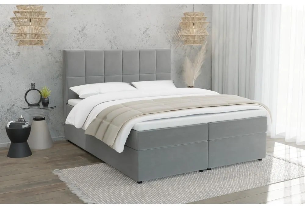 Jasnoszare łóżko boxspring ze schowkiem 140x200 cm Flip – Ropez