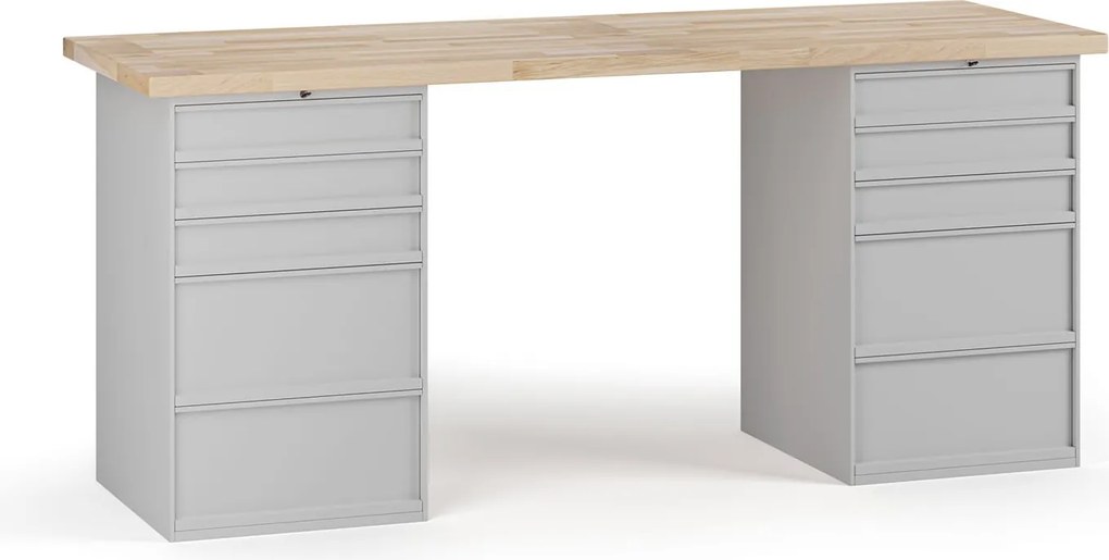 Stół warsztatowy G7, blat bukowy, 2000 x 685 x 840 mm, 2x kontener, 10x szuflada, szary