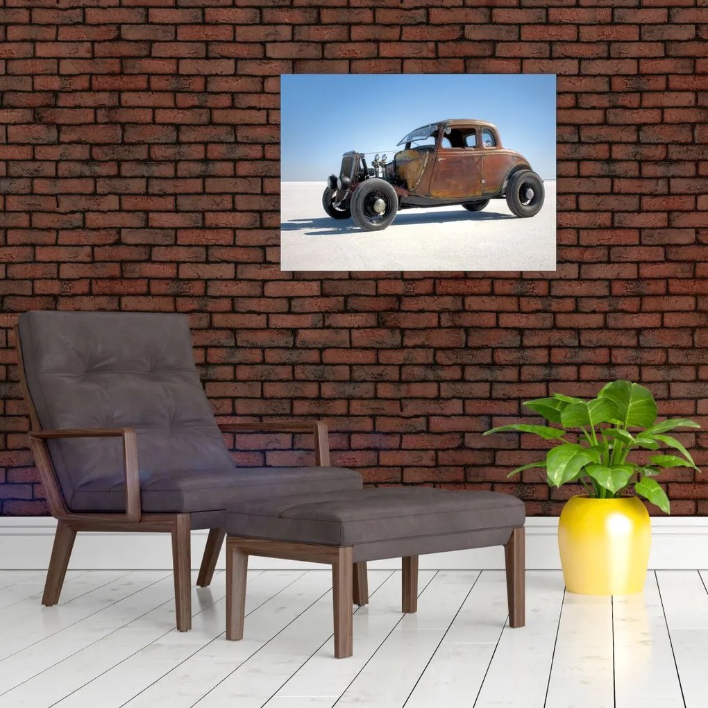 Obraz na szkle samochodu na pustyni (70x50 cm)