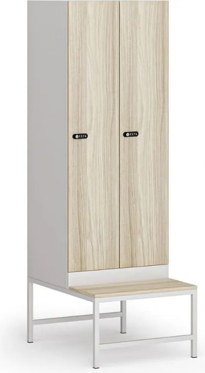 Szafka ubraniowa S1 z ławką, 2-drzwiowa, 1875 x 600 x 500/800 mm, demontaż, zamek mechaniczny z kodem, drzwi laminowane, dąb naturalny