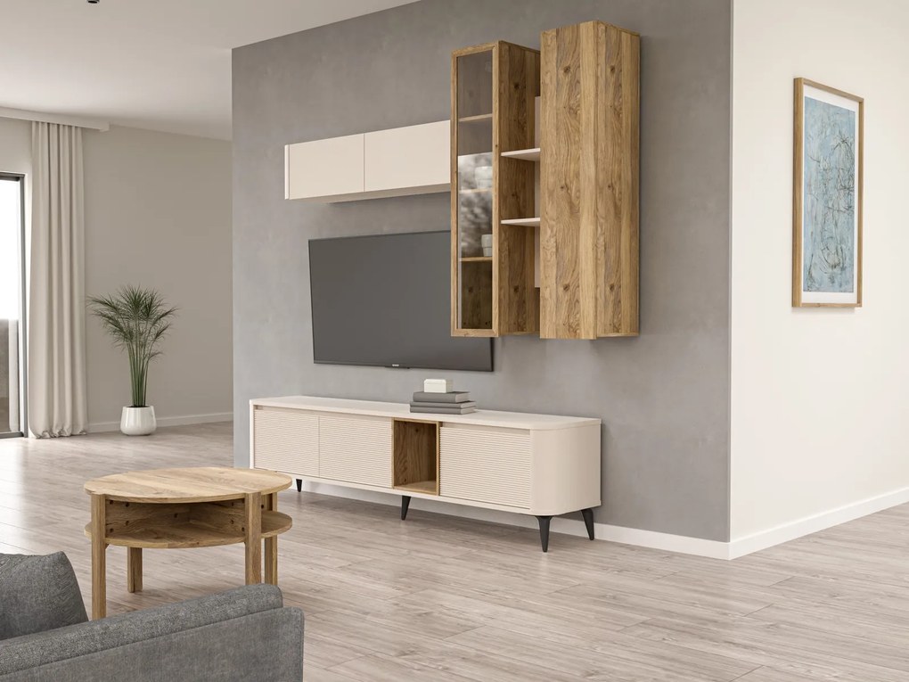 Witryna ścienna z półkami Breathtaker, kolor piaskowy/dąb Mauvella