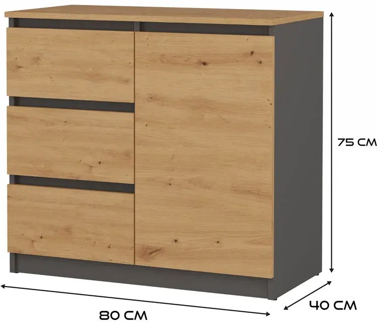 Komoda Z 3 Szufladami I Szafką Antracyt + Dąb Artisan P9-B26